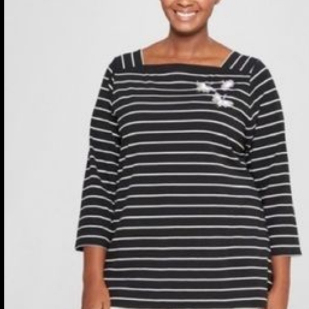 Ava & Viv Plus Size 2X Embellished Stripe Black White 3/4 Sleeve Top Blouse